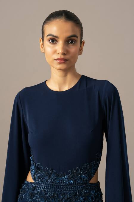 Buy_Namrata Joshipura_Navy Jersey Embroidery Crew Neck Baroque Waist Jumpsuit 