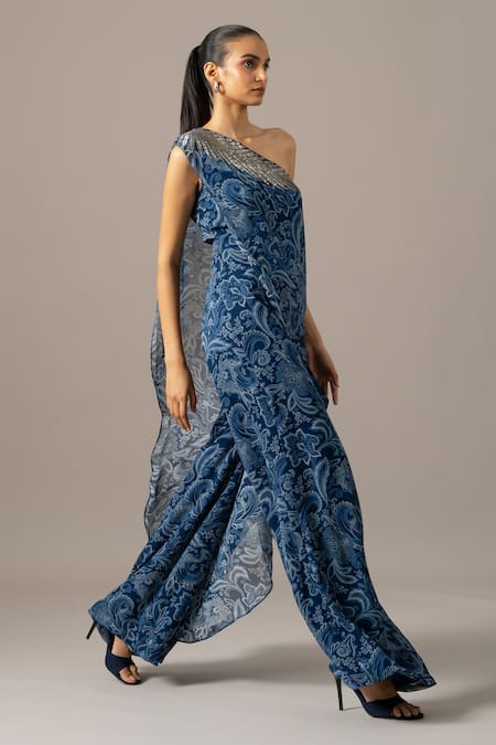 Namrata Joshipura_Blue Georgette One Shoulder Paisley Jumpsuit _Online_at_Aza_Fashions