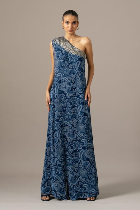 Namrata Joshipura Blue Georgette One Shoulder Paisley Jumpsuit 