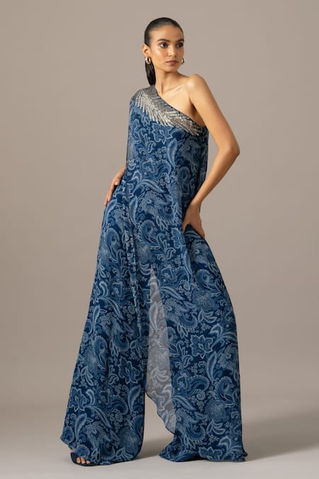 Buy_Namrata Joshipura_Blue Georgette One Shoulder Paisley Jumpsuit _Online_at_Aza_Fashions