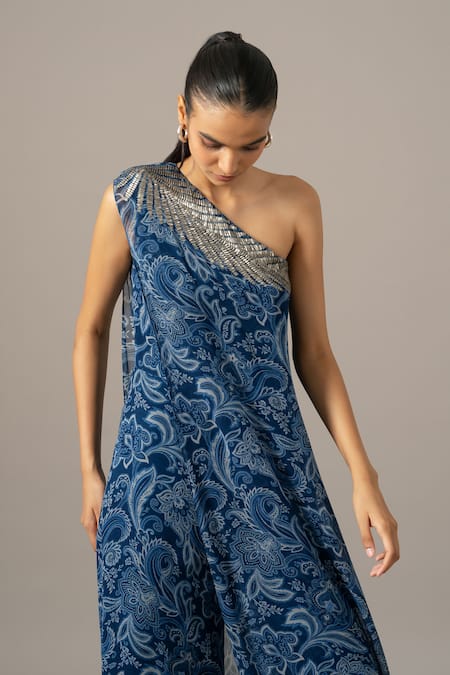 Shop_Namrata Joshipura_Blue Georgette One Shoulder Paisley Jumpsuit _Online_at_Aza_Fashions