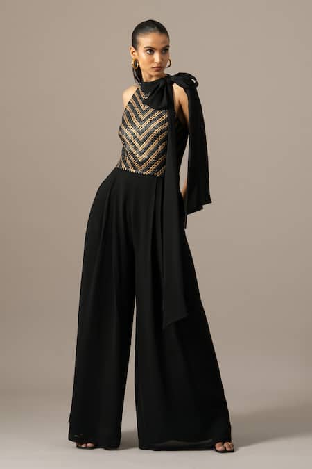 Namrata Joshipura Black Georgette Sequins Halter Neck Matrix Box Pleat Jumpsuit 