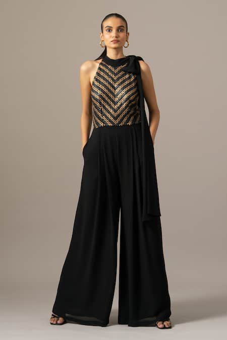 Buy_Namrata Joshipura_Black Georgette Sequins Halter Neck Matrix Box Pleat Jumpsuit _Online_at_Aza_Fashions