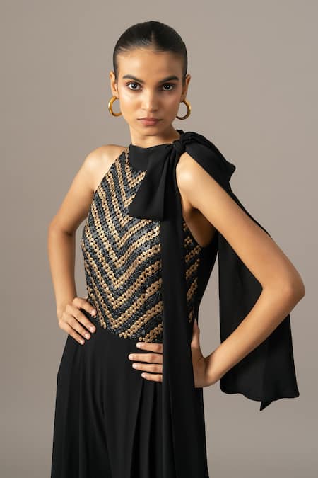 Buy_Namrata Joshipura_Black Georgette Sequins Halter Neck Matrix Box Pleat Jumpsuit 