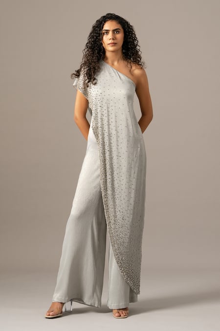 Namrata Joshipura Gray Chiffon Beads One Shoulder Star Box Jumpsuit Online at Aza Fashions Namrata Joshipura_Gray Chiffon Beads One Shoulder Star Box Jumpsuit _Online_at_Aza_Fashions