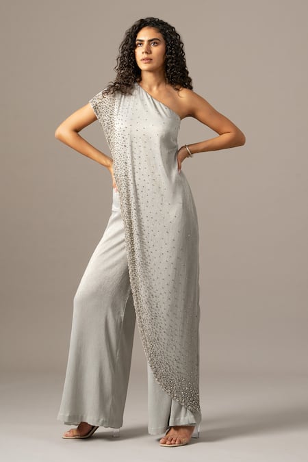 Namrata Joshipura Gray Chiffon Beads One Shoulder Star Box Jumpsuit 