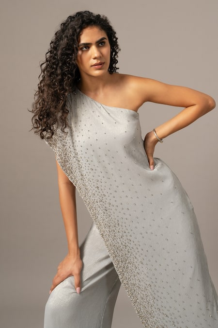 Shop Namrata Joshipura Gray Chiffon Beads One Shoulder Star Box Jumpsuit Online at Aza Fashions Shop_Namrata Joshipura_Gray Chiffon Beads One Shoulder Star Box Jumpsuit _Online_at_Aza_Fashions