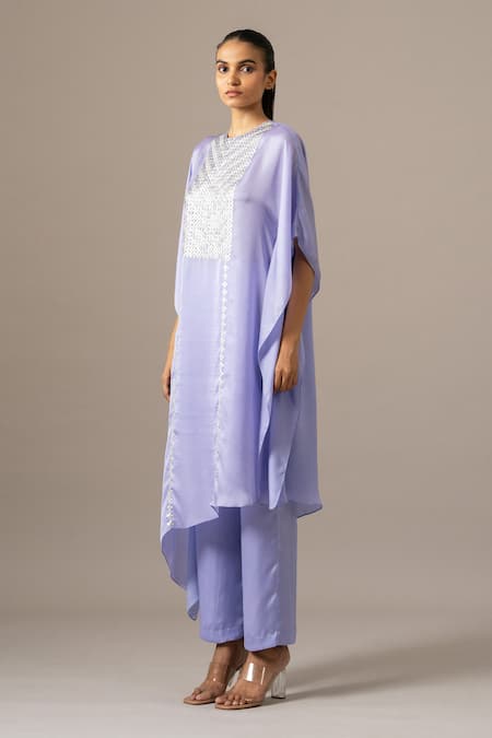 Namrata Joshipura_Lavender Embroidery Round Neck Matrix Yoke Kaftan Set _Online_at_Aza_Fashions