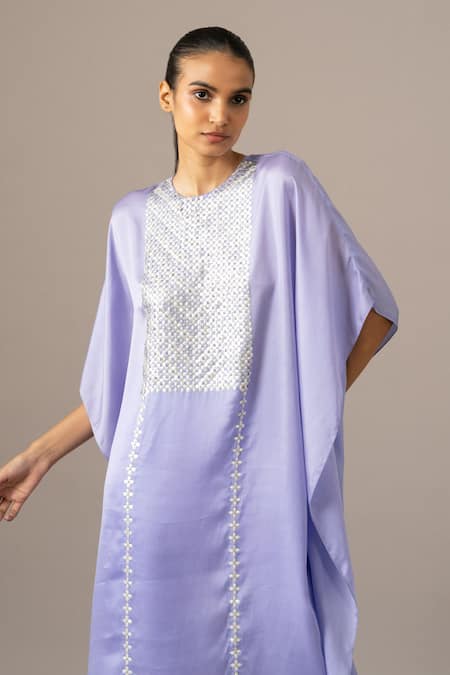 Buy_Namrata Joshipura_Lavender Embroidery Round Neck Matrix Yoke Kaftan Set _Online_at_Aza_Fashions