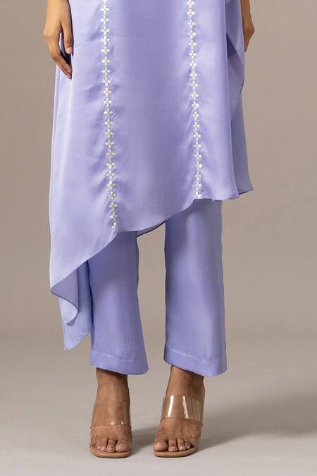 Shop_Namrata Joshipura_Lavender Embroidery Round Neck Matrix Yoke Kaftan Set _Online_at_Aza_Fashions