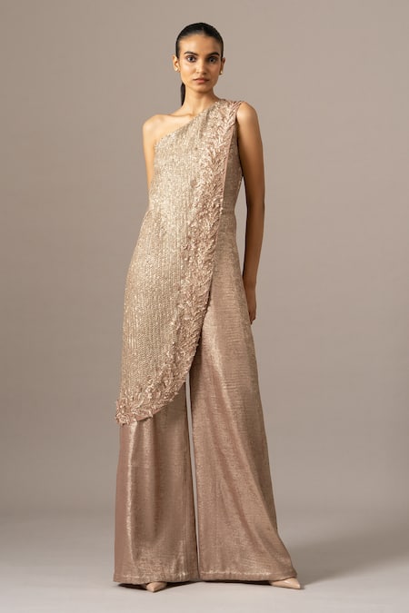 Namrata Joshipura Blush Applique One Shoulder Fern Jumpsuit 