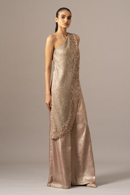 Namrata Joshipura_Blush Applique One Shoulder Fern Jumpsuit _Online_at_Aza_Fashions