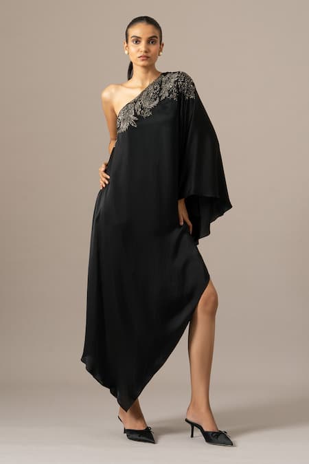 Namrata Joshipura Black Embroidery One Shoulder Paisley Dress 