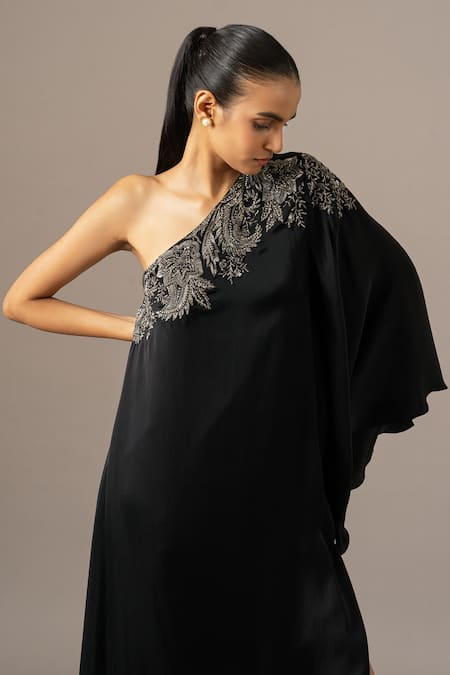 Buy_Namrata Joshipura_Black Embroidery One Shoulder Paisley Dress _Online_at_Aza_Fashions