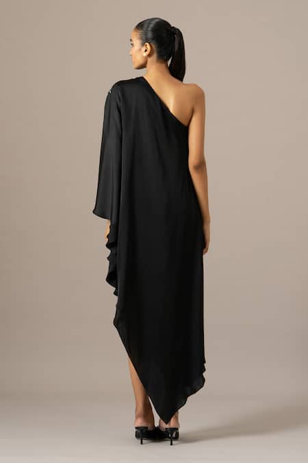 Shop_Namrata Joshipura_Black Embroidery One Shoulder Paisley Dress _at_Aza_Fashions