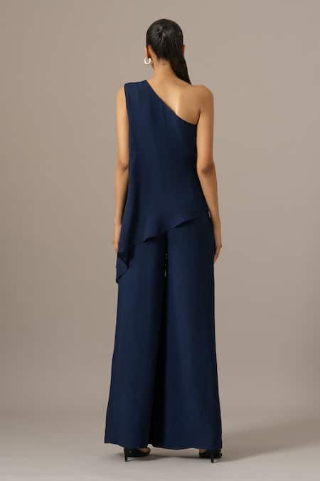 Shop_Namrata Joshipura_Navy Georgette Sequins One Shoulder Baroque Jumpsuit _at_Aza_Fashions