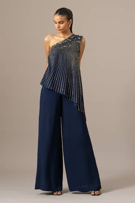 Namrata Joshipura_Navy Georgette Sequins One Shoulder Baroque Jumpsuit _Online_at_Aza_Fashions