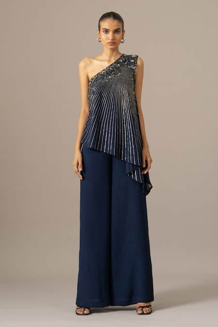 Buy_Namrata Joshipura_Navy Georgette Sequins One Shoulder Baroque Jumpsuit _Online_at_Aza_Fashions