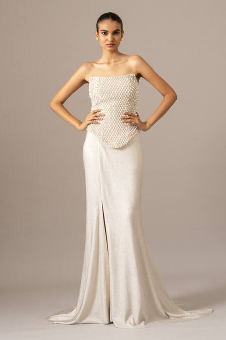 Buy Namrata Joshipura Ivory Chiffon Pearls Drops Corset And Trail Skirt Set Online at Aza Fashions Buy_Namrata Joshipura_Ivory Chiffon Pearls Drops Corset And Trail Skirt Set _Online_at_Aza_Fashions