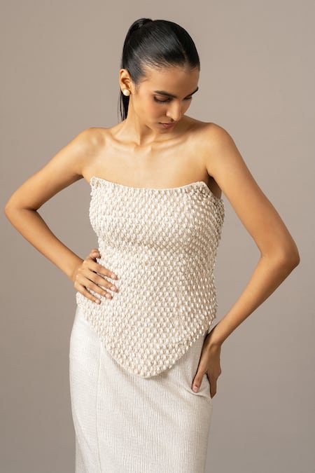 Shop Namrata Joshipura Ivory Chiffon Pearls Drops Corset And Trail Skirt Set Online at Aza Fashions Shop_Namrata Joshipura_Ivory Chiffon Pearls Drops Corset And Trail Skirt Set _Online_at_Aza_Fashions