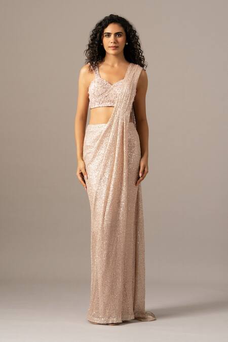 Namrata Joshipura_Blush Mesh Sequins, Beads Plunge Neck Pink Pre-draped Saree With Blouse _Online_at_Aza_Fashions