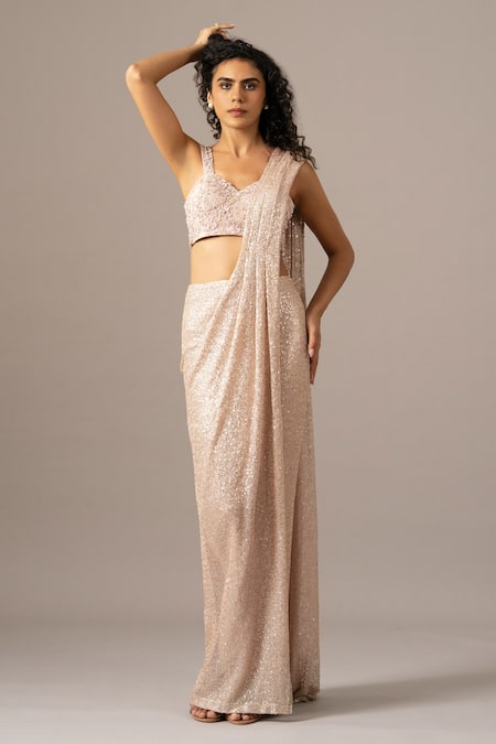 Namrata Joshipura Blush Mesh Sequins, Beads Plunge Neck Pink Pre-draped Saree With Blouse