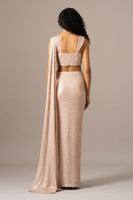 Shop_Namrata Joshipura_Blush Mesh Sequins, Beads Plunge Neck Pink Pre-draped Saree With Blouse _at_Aza_Fashions