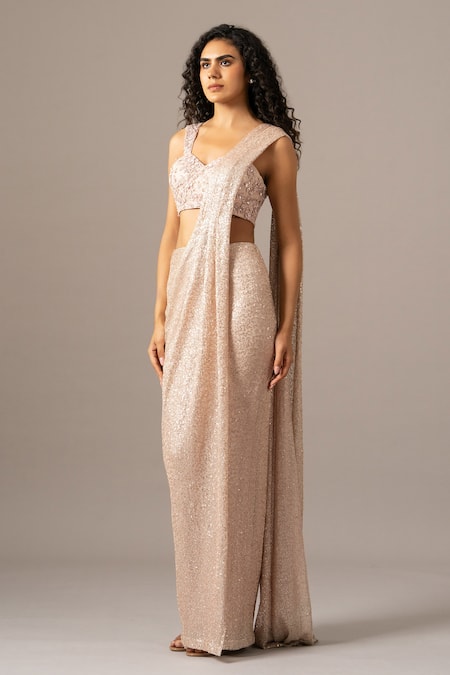 Buy_Namrata Joshipura_Blush Mesh Sequins, Beads Plunge Neck Pink Pre-draped Saree With Blouse _Online_at_Aza_Fashions