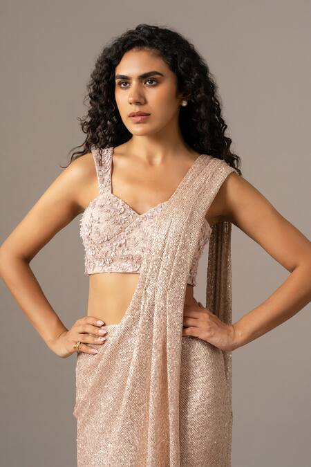 Shop_Namrata Joshipura_Blush Mesh Sequins, Beads Plunge Neck Pink Pre-draped Saree With Blouse _Online_at_Aza_Fashions