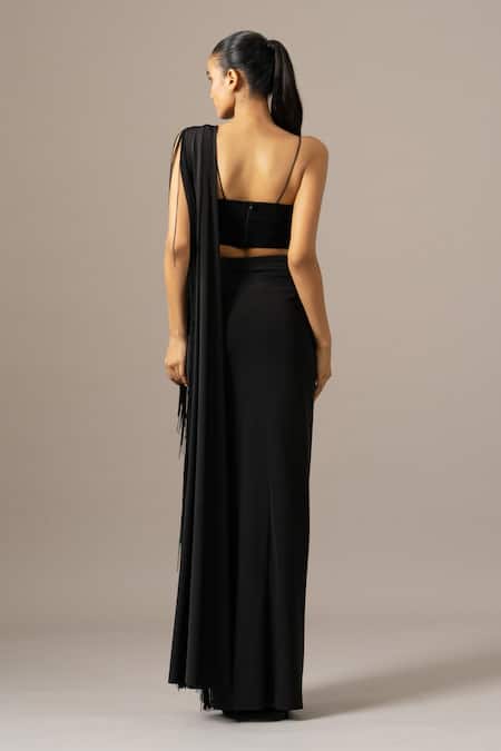 Shop_Namrata Joshipura_Black Satin, Jersey Fringe, Embroidery Sweetheart Pre-draped Saree With Blouse _at_Aza_Fashions