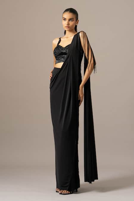 Namrata Joshipura_Black Satin, Jersey Fringe, Embroidery Sweetheart Pre-draped Saree With Blouse _Online_at_Aza_Fashions