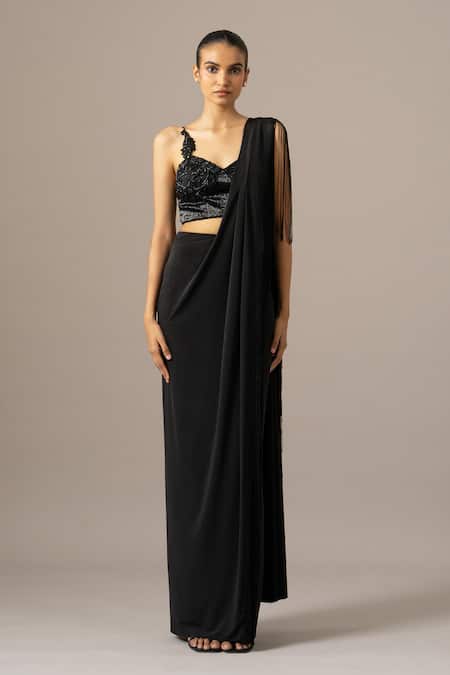 Buy_Namrata Joshipura_Black Satin, Jersey Fringe, Embroidery Sweetheart Pre-draped Saree With Blouse _Online_at_Aza_Fashions
