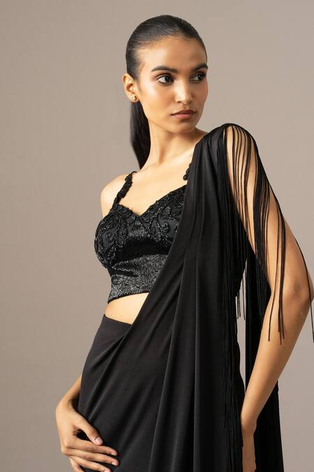 Shop_Namrata Joshipura_Black Satin, Jersey Fringe, Embroidery Sweetheart Pre-draped Saree With Blouse _Online_at_Aza_Fashions