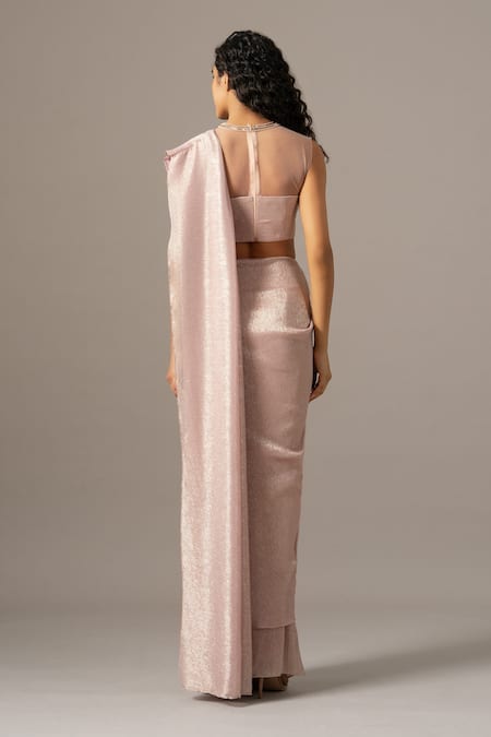 Shop_Namrata Joshipura_Blush Chiffon Beads, Sequins Round Pink Shimmer Pre-draped Saree With Blouse _at_Aza_Fashions