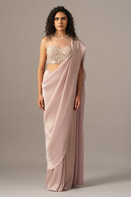 Namrata Joshipura_Blush Chiffon Beads, Sequins Round Pink Shimmer Pre-draped Saree With Blouse _Online_at_Aza_Fashions
