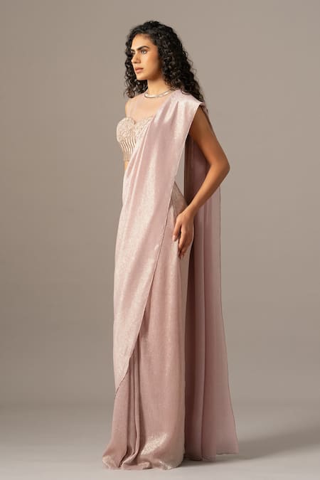 Buy_Namrata Joshipura_Blush Chiffon Beads, Sequins Round Pink Shimmer Pre-draped Saree With Blouse _Online_at_Aza_Fashions