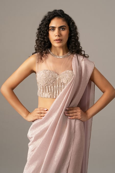 Shop_Namrata Joshipura_Blush Chiffon Beads, Sequins Round Pink Shimmer Pre-draped Saree With Blouse _Online_at_Aza_Fashions
