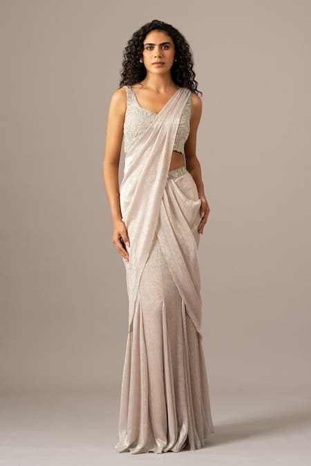 Namrata Joshipura Silver Chiffon Embroidery Plunge Neck Mermaid Pre-draped Saree With Blouse 