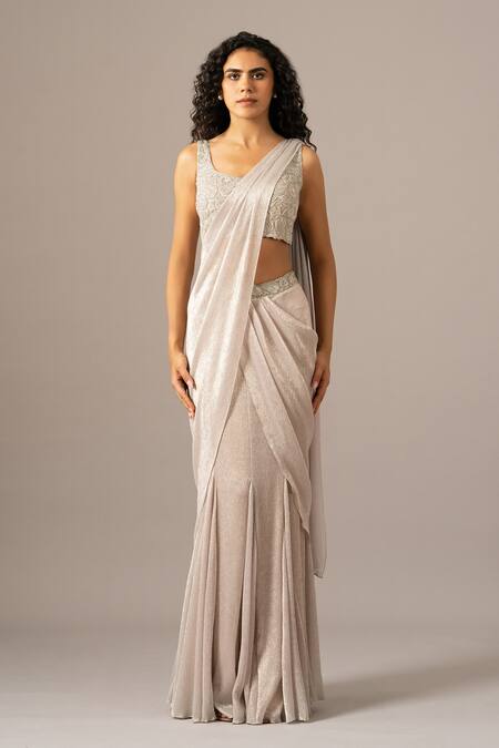 Namrata Joshipura Silver Chiffon Embroidery Plunge Neck Mermaid Pre-draped Saree With Blouse Online at Aza Fashions Namrata Joshipura_Silver Chiffon Embroidery Plunge Neck Mermaid Pre-draped Saree With Blouse _Online_at_Aza_Fashions