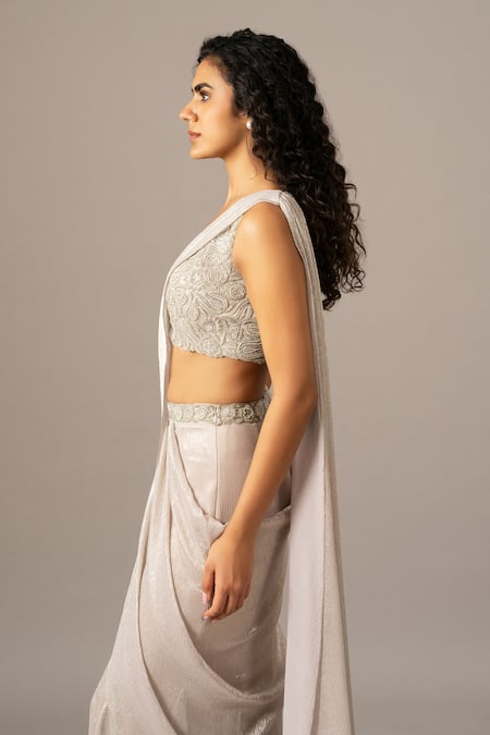 Buy Namrata Joshipura Silver Chiffon Embroidery Plunge Neck Mermaid Pre-draped Saree With Blouse Online at Aza Fashions Buy_Namrata Joshipura_Silver Chiffon Embroidery Plunge Neck Mermaid Pre-draped Saree With Blouse _Online_at_Aza_Fashions