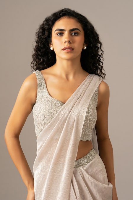 Shop Namrata Joshipura Silver Chiffon Embroidery Plunge Neck Mermaid Pre-draped Saree With Blouse Online at Aza Fashions Shop_Namrata Joshipura_Silver Chiffon Embroidery Plunge Neck Mermaid Pre-draped Saree With Blouse _Online_at_Aza_Fashions