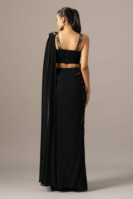 Shop_Namrata Joshipura_Black Georgette Embroidery Sweetheart Baroque Pre-draped Saree With Blouse _at_Aza_Fashions