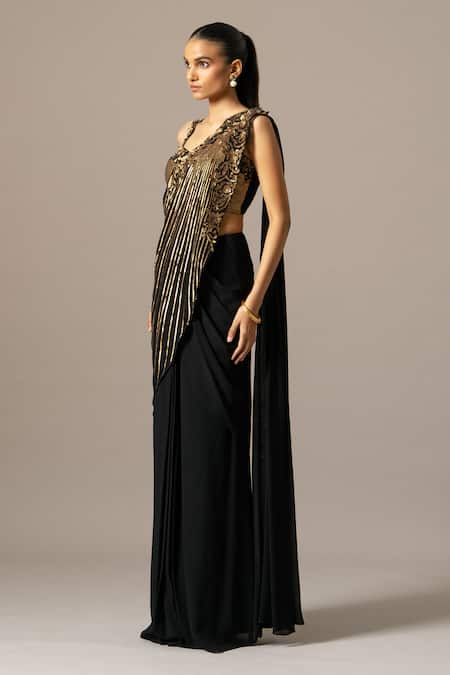 Namrata Joshipura_Black Georgette Embroidery Sweetheart Baroque Pre-draped Saree With Blouse _Online_at_Aza_Fashions