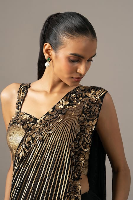 Buy_Namrata Joshipura_Black Georgette Embroidery Sweetheart Baroque Pre-draped Saree With Blouse _Online_at_Aza_Fashions
