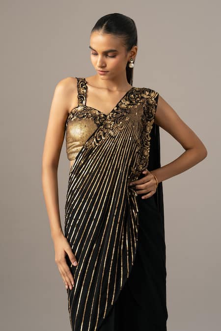 Shop_Namrata Joshipura_Black Georgette Embroidery Sweetheart Baroque Pre-draped Saree With Blouse _Online_at_Aza_Fashions