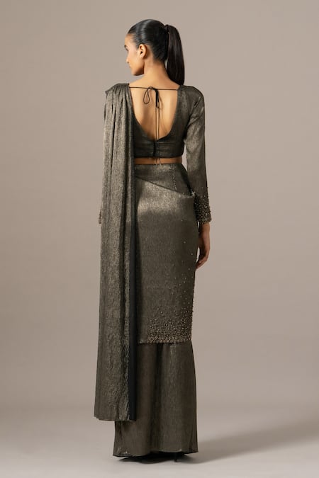 Namrata Joshipura Crusted Black Gold Pre-Draped Saree With Blouse 