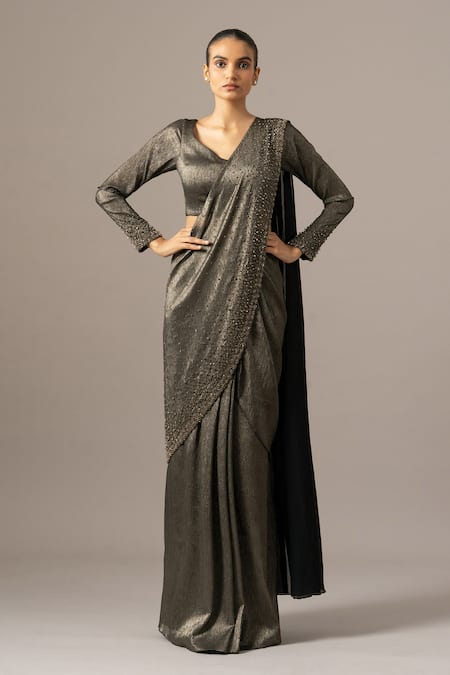 Namrata Joshipura_Black Chiffon, Shantoon Beads, Crusted Gold Pre-draped Saree With Blouse _Online_at_Aza_Fashions