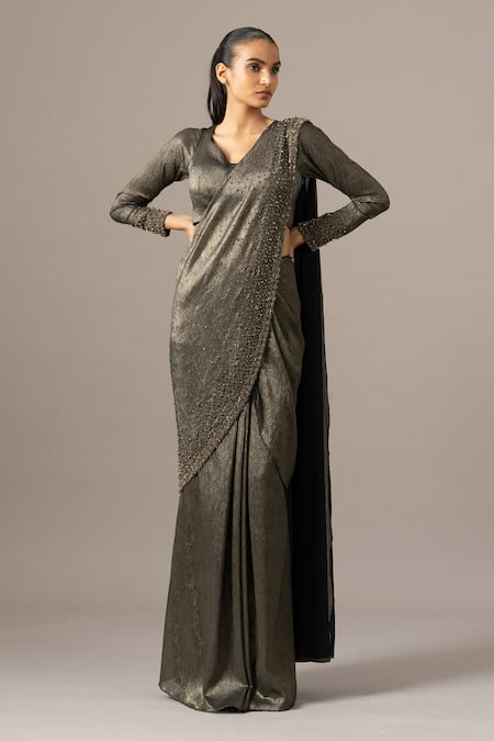 Namrata Joshipura Black Chiffon, Shantoon Beads, Crusted Gold Pre-draped Saree With Blouse 