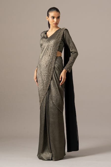 Buy_Namrata Joshipura_Black Chiffon, Shantoon Beads, Crusted Gold Pre-draped Saree With Blouse _Online_at_Aza_Fashions