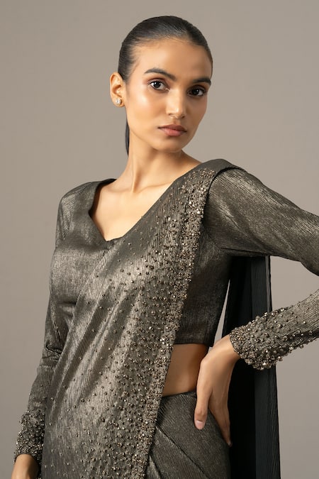 Shop_Namrata Joshipura_Black Chiffon, Shantoon Beads, Crusted Gold Pre-draped Saree With Blouse _Online_at_Aza_Fashions